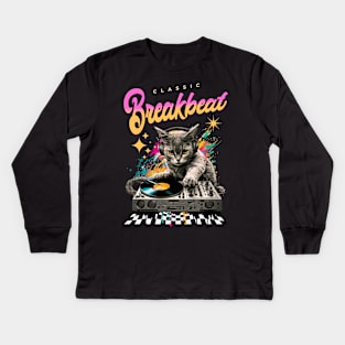 BREAKBEAT  - Cat Dj checker floor Kids Long Sleeve T-Shirt